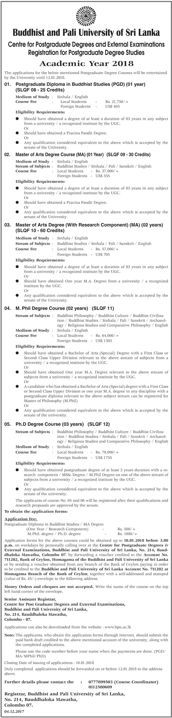 Centre for Postgraduate Degrees & External Examinations Registration for Postgraduate Degree Studies - Buddhist & Pali University of Sri Lanka 